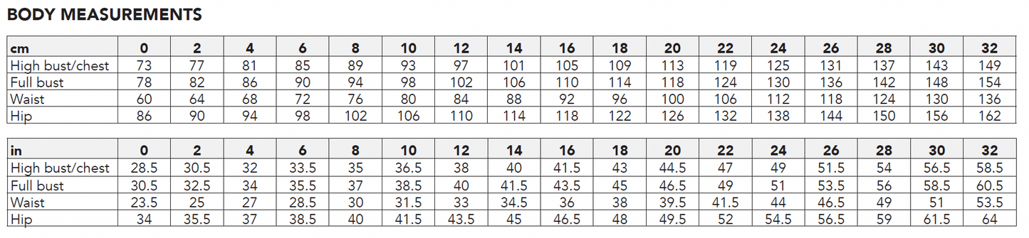 Table of body measurements with columns for bust, waist, and hip sizes.
