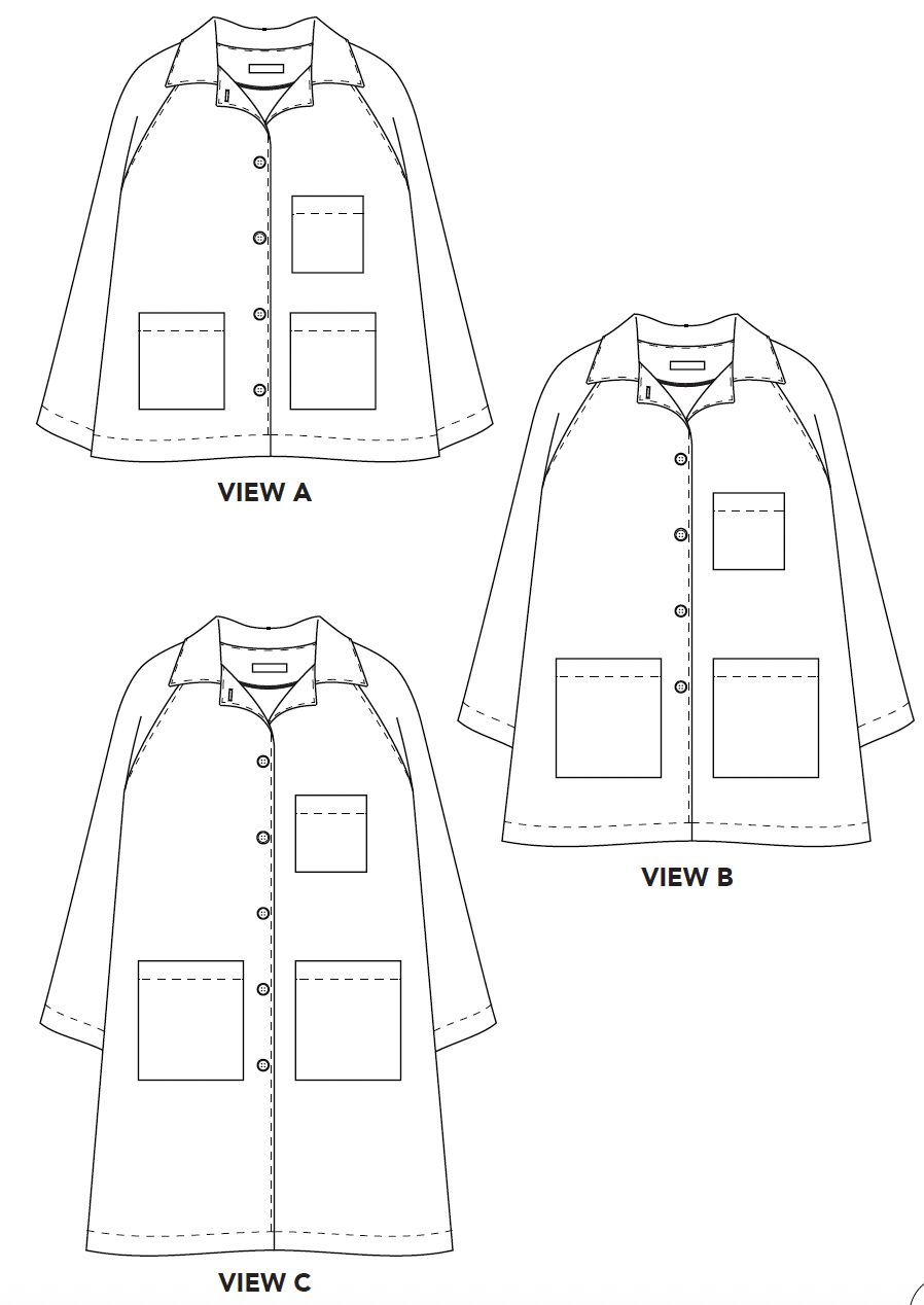 Technical drawing of a jacket with three views labeled A, B, and C on a white background.